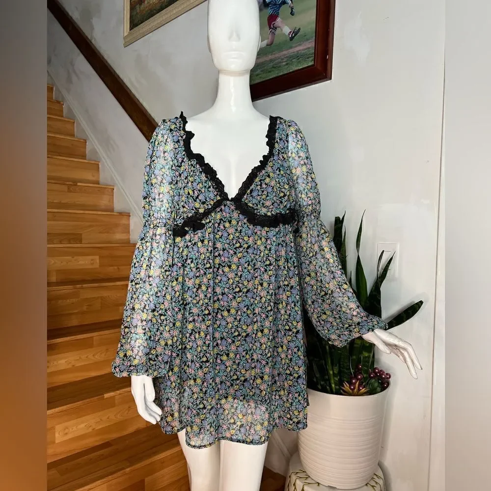 New Free People Pennie Floral Print Ruffle Long Sleeve/ size M